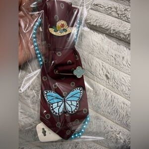 Upcycle Maroon Tie necklace with Blue Butterfly and Beads